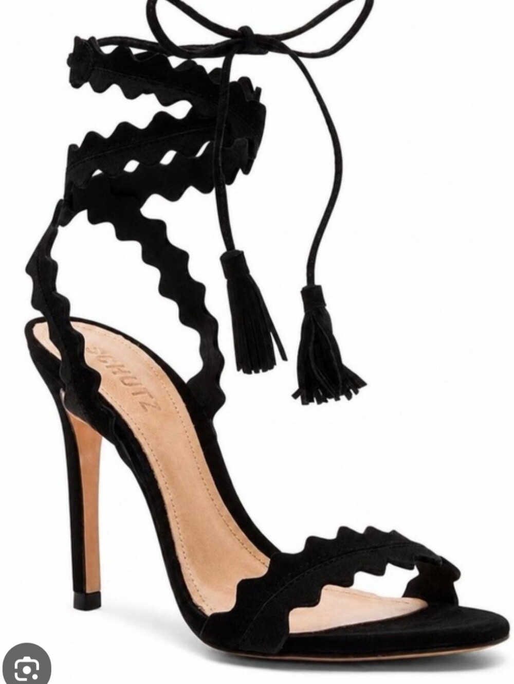 SCHUTZ Black Scalloped Suede Lace-Up Stiletto Sandals